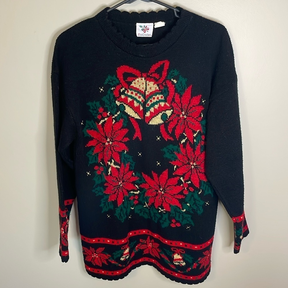 NUTCRACKER Vtg 90s SM‎ Poinsettia Black Christmas Tunic Sweater Novelty Grandma